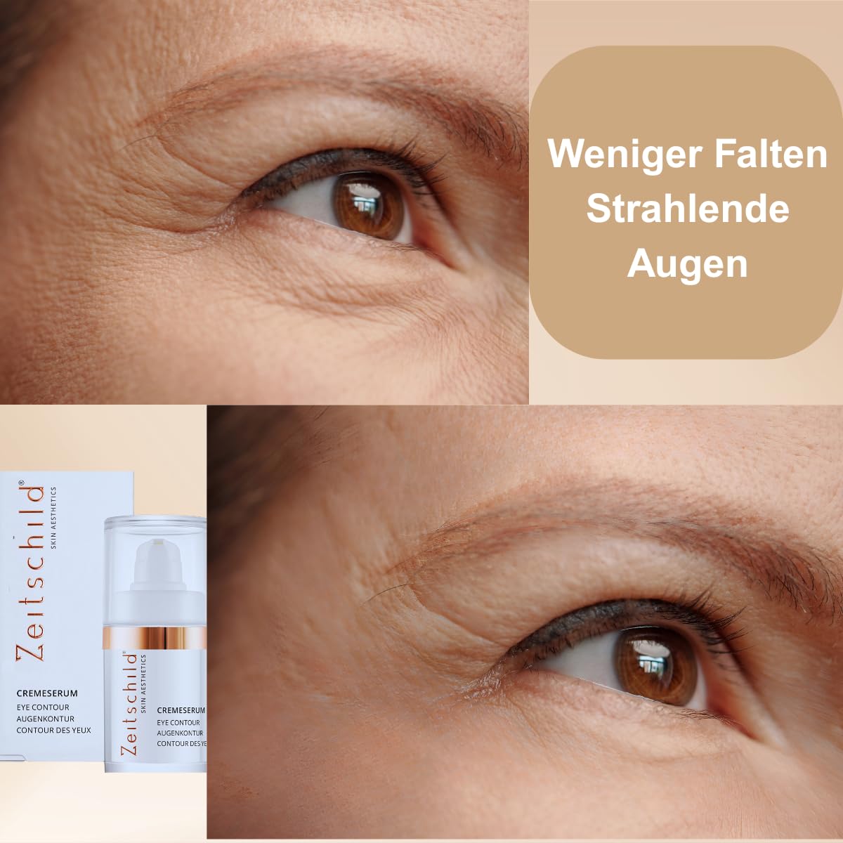 Augenkontur Cremeserum gegen Augenringe, Falten & Schwellungen, Anti-Aging mit Hyaluron, Peptiden & Seidenbaumextrakt, Parfümfrei, für empfindliche Haut, 15 ml