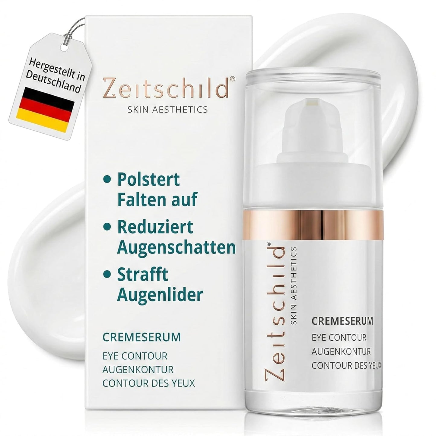 Augenkontur Cremeserum gegen Augenringe, Falten & Schwellungen, Anti-Aging mit Hyaluron, Peptiden & Seidenbaumextrakt, Parfümfrei, für empfindliche Haut, 15 ml