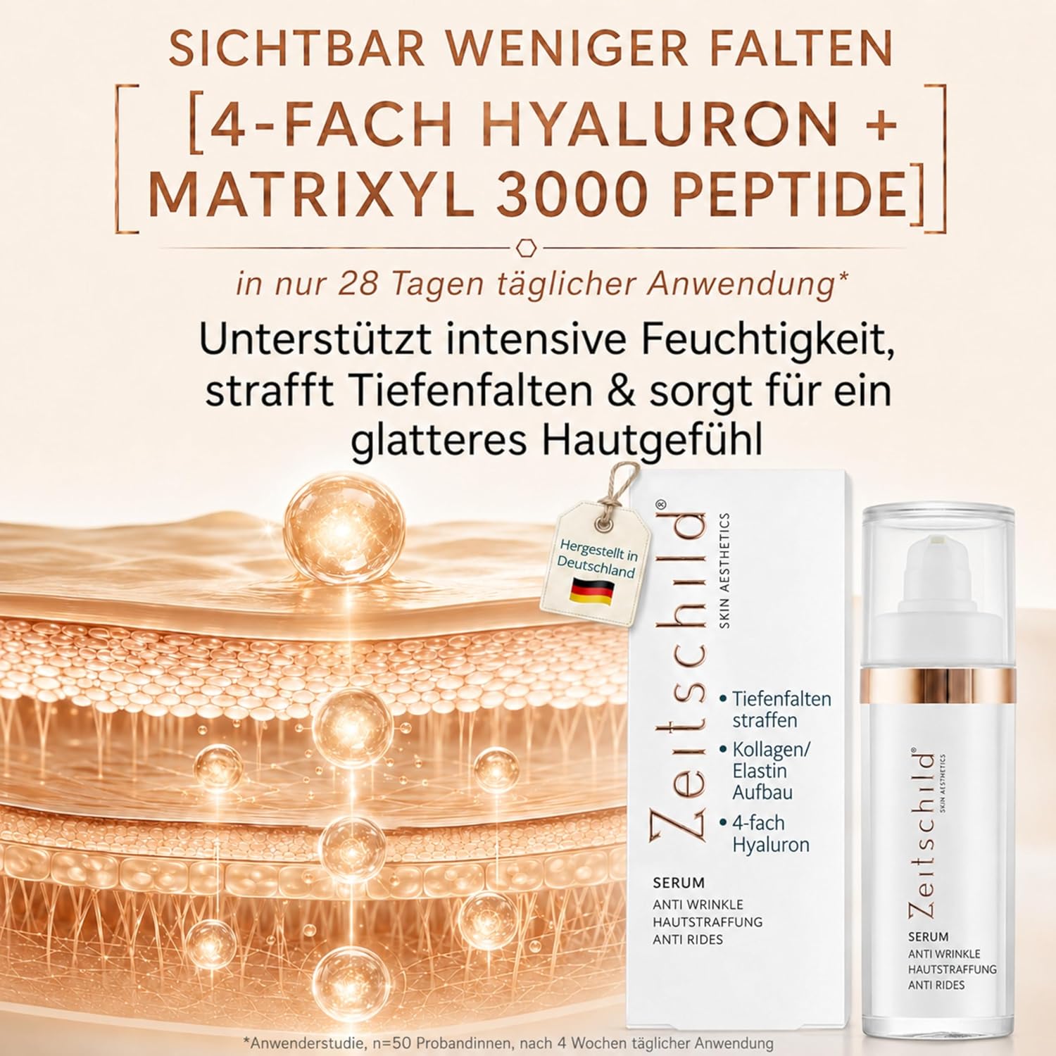 Anti Falten Serum Hochdosiert mit 4-fach Hyaluronsäure Matrixyl 3000 & OLT® - Anti-Aging Hyaluron Gesichtsserum gegen Tiefenfalten - Reife Haut Frauen Männer 30ml Made in Germany
