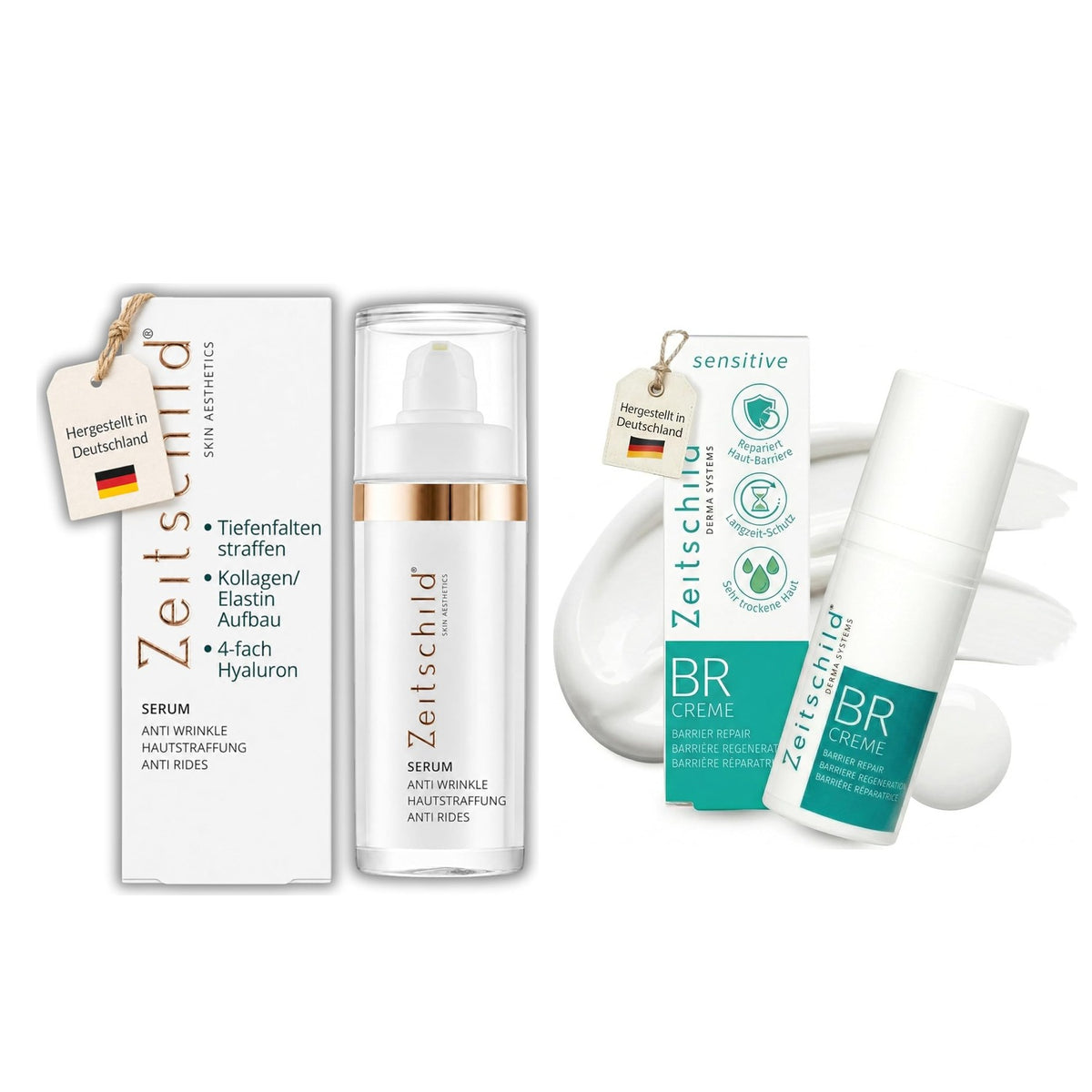 Zeitschild Anti-Aging-Duo: Anti-Falten Serum mit Hyaluron 30 ml und Hautbarriere Creme 100 ml